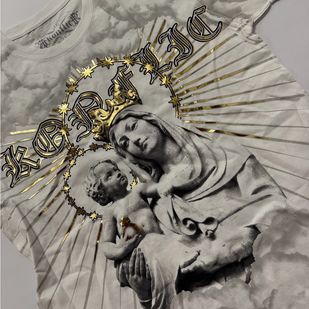 White Graphic Tee with Gold Foil Religious Print